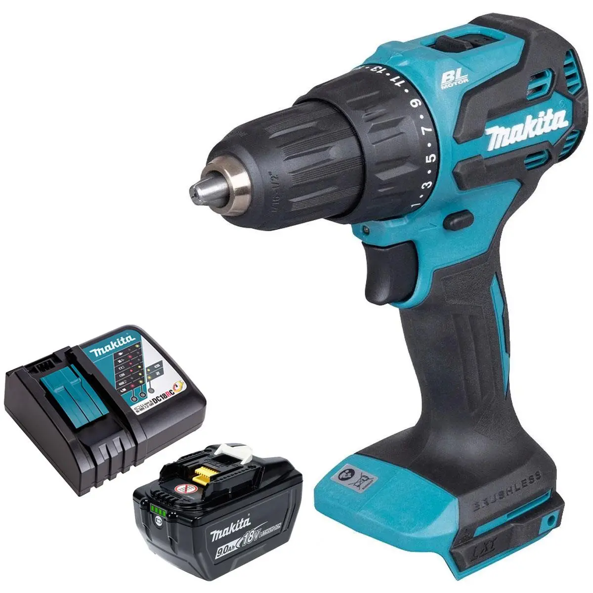 Makita Dhp490z 18V Lxt Li-Ion Brushless Combi Drill With 1 X 9.0Ah Battery & Charger 1