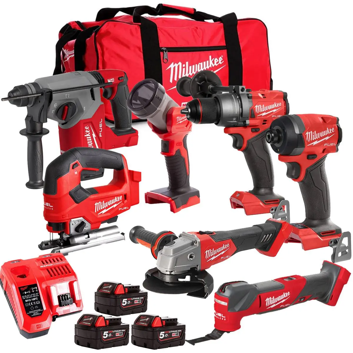 Milwaukee M18fpp6l3-503Bk1 18V Brushless 7 Piece Tool Kit With 3 X 5.0Ah Batteries Charger & Wheeled Bag 1