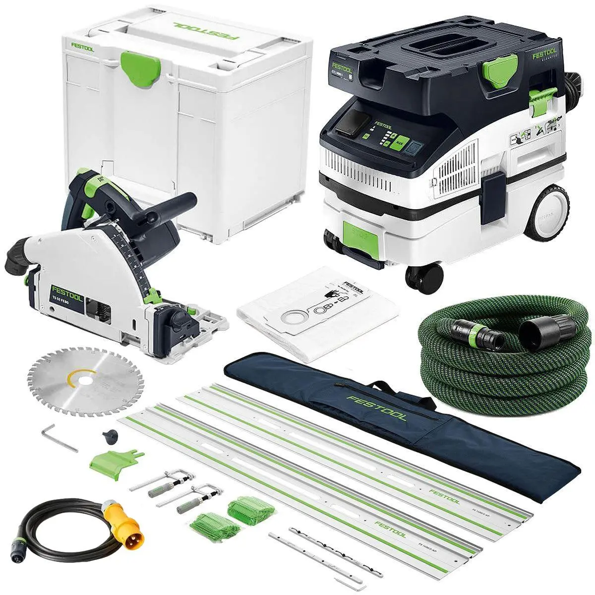 Festool Ts 55 Feq-Plus 110V Gb 160Mm Plunge-Cut Saw - 576707 With Guide Rail Kit Set 577932 & Dust Extractor 578314 1