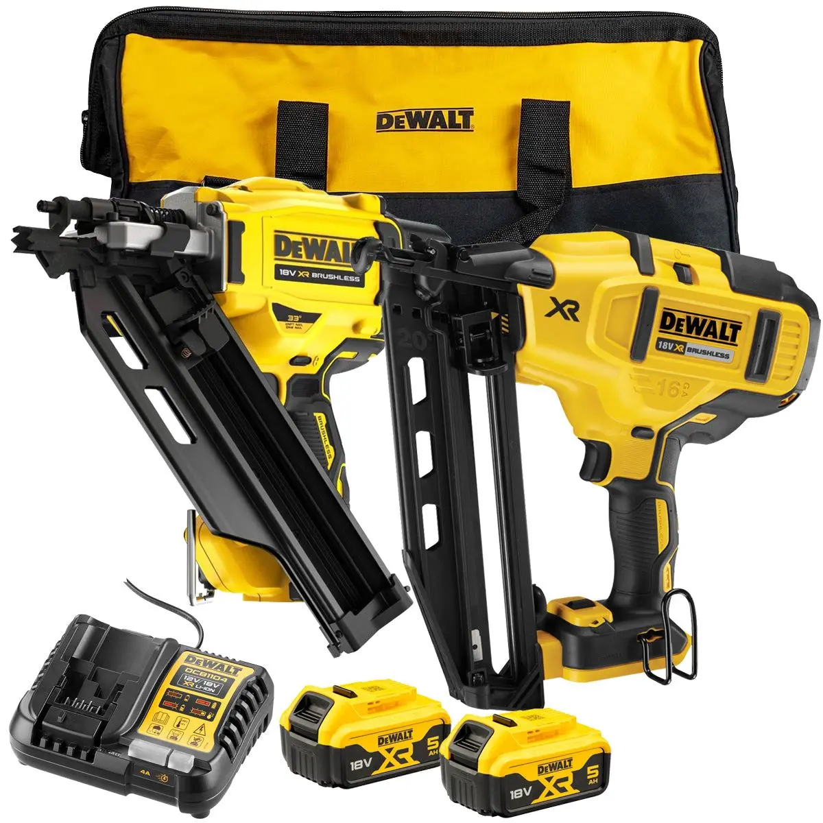 Dewalt Dck246p2 18V Xr Brushless Twin Pack Nailer With 2 X 5.0Ah Batteries Charger & Bag 1