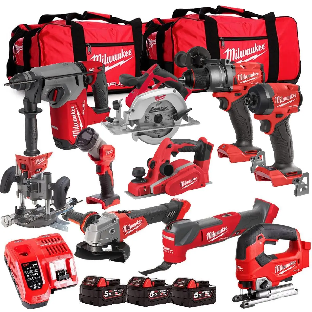 Milwaukee M18fpp6l3-503Bk25 18V 10 Piece Tool Kit With 3 X 5.0Ah Batteries Charger & Wheeled Bag 1