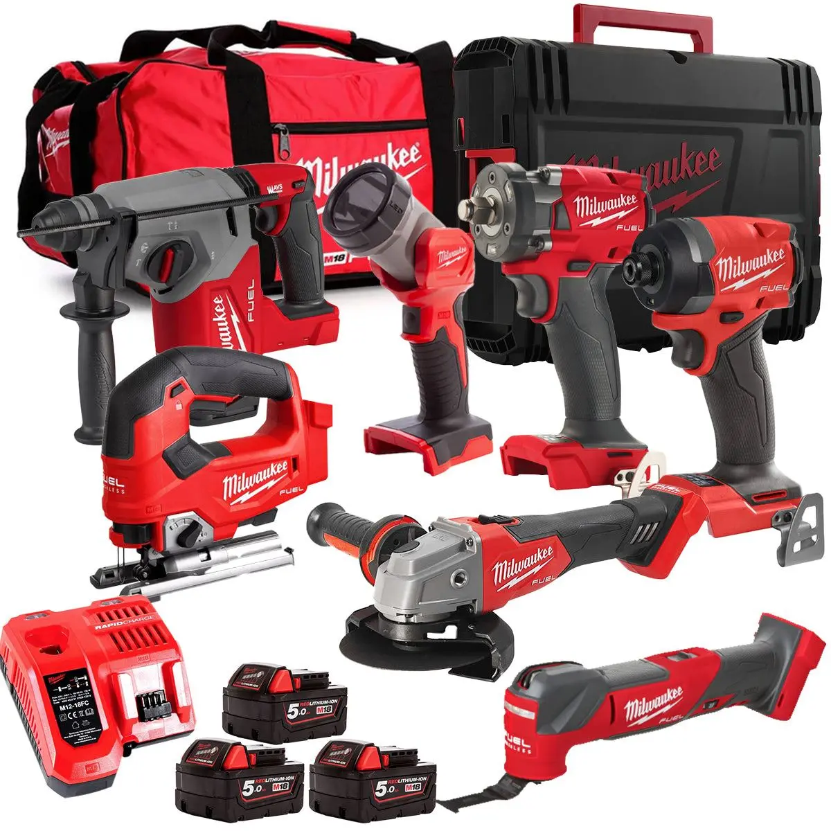 Milwaukee M18fpp6l3-503Bk22 18V Brushless 7 Piece Tool Kit With 3 X 5.0Ah Batteries Charger & Wheeled Bag 1