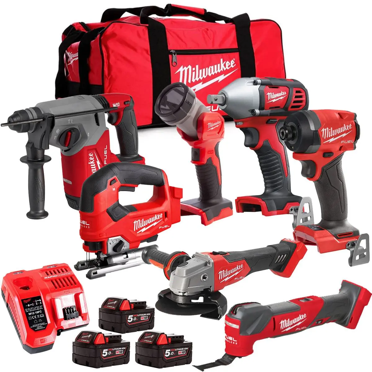 Milwaukee M18fpp6l3-503Bk10 18V 7 Piece Tool Kit With 3 X 5.0Ah Batteries Charger & Wheeled Bag 1