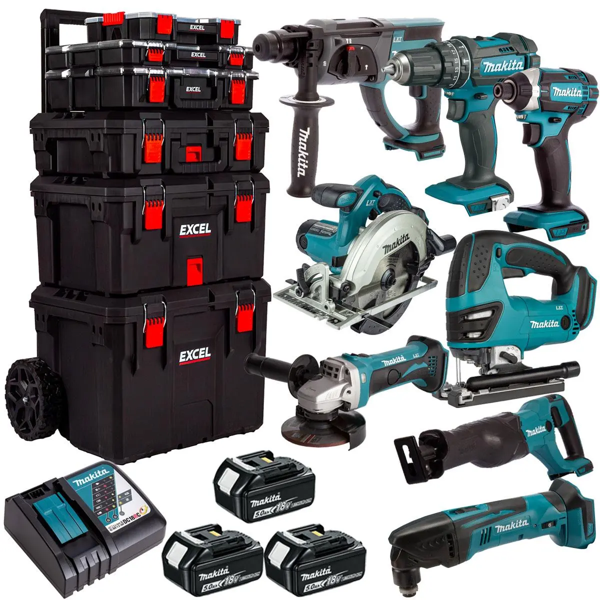 Makita 18V 8 Piece Power Tool Kit With 3 X 5.0Ah Batteries & Trolley Toolbox 1