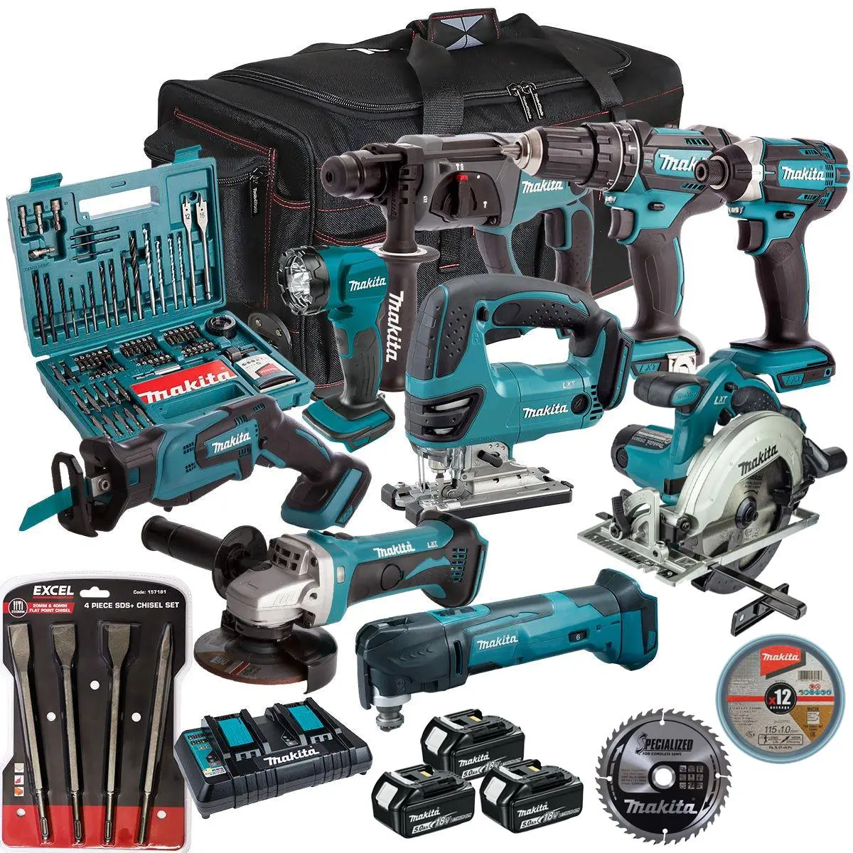 Makita 18V 9 Piece Combo Kit With 3 X 5.0Ah Battery Charger & Accessories Set T4tkit-17213 1