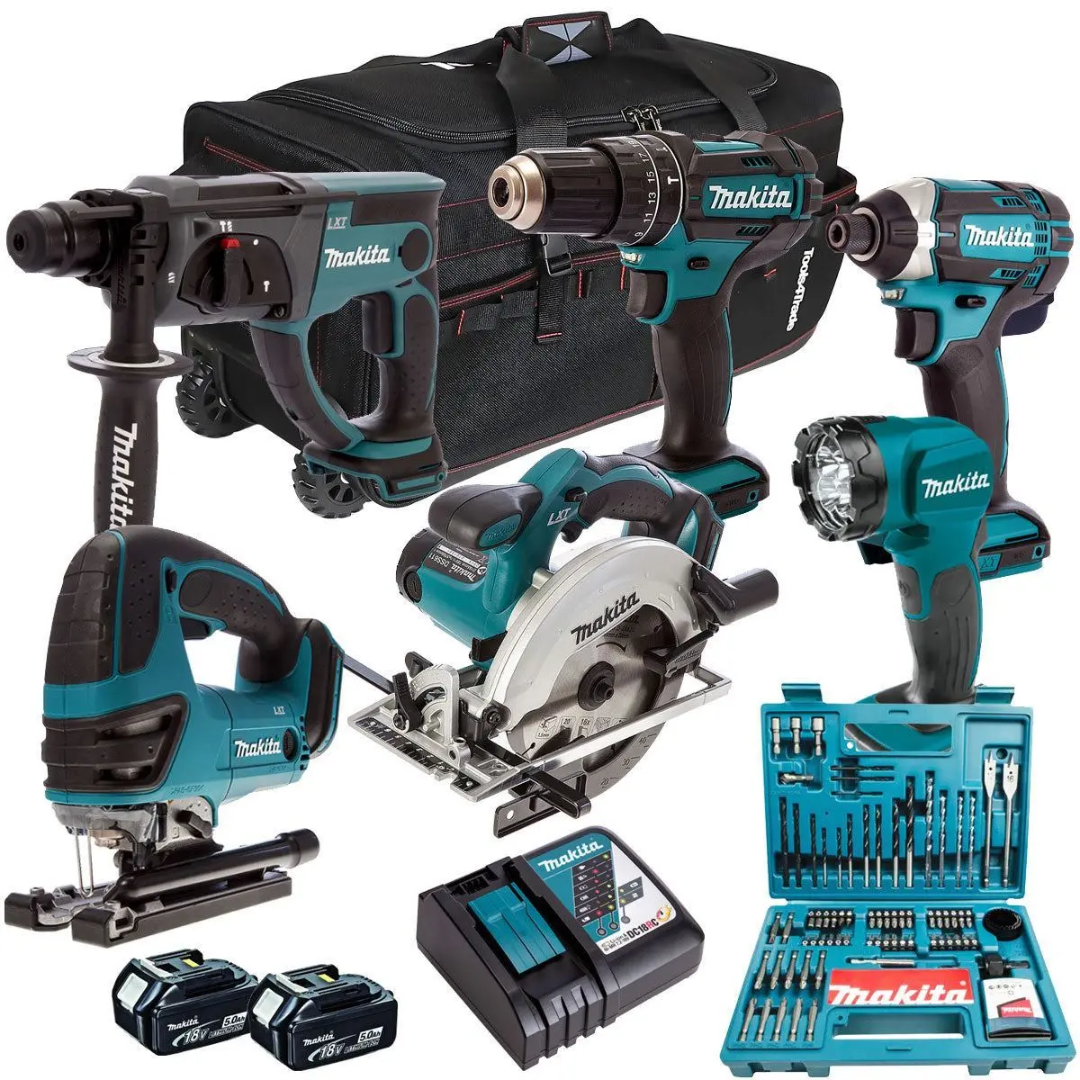 Makita 18V 6 Piece Combo Kit With 2 X 5.0Ah Batteries & 100 Piece Bit Set T4tkit-192 1
