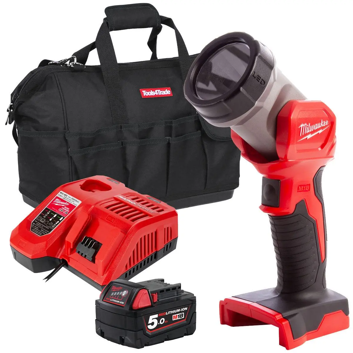 Milwaukee M18tled-0 M18 18V Led Work Light Torch With 1 X 5.0Ah Battery Charger & Bag 1