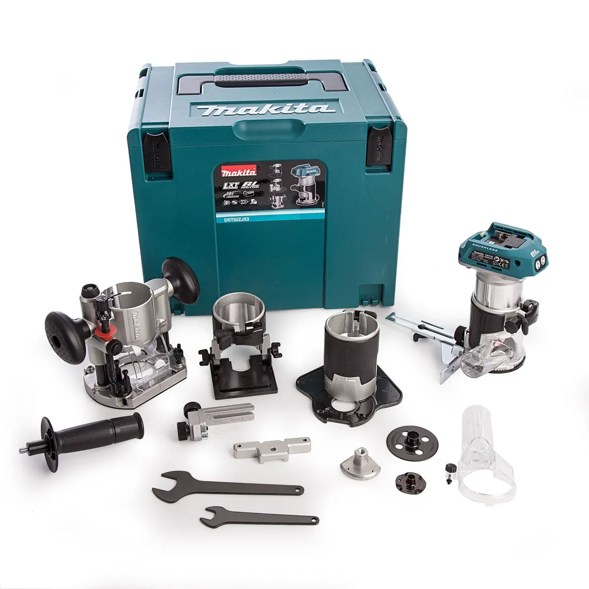 Makita Drt50zjx3 18V Lxt Brushless 1/4" Router Trimmer Body With Extra Bases In Case 1