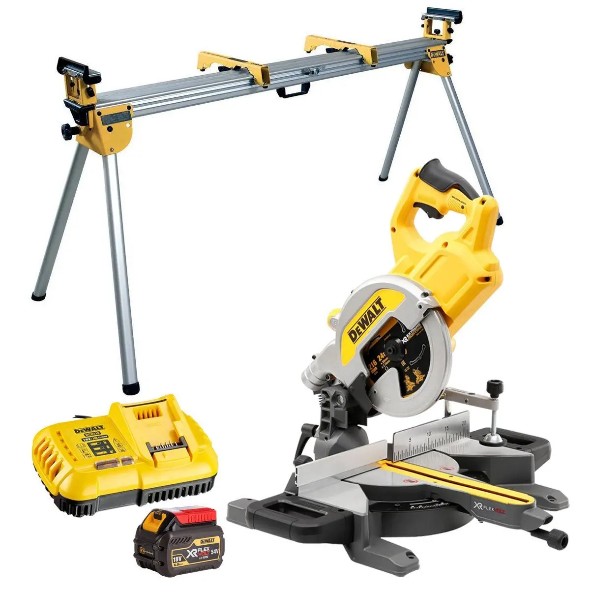 Dewalt Dcs777n 54V Flexvolt Brushless 216Mm Mitre Saw With 1 X 6.0Ah Battery Charger & Extendable Stand 1