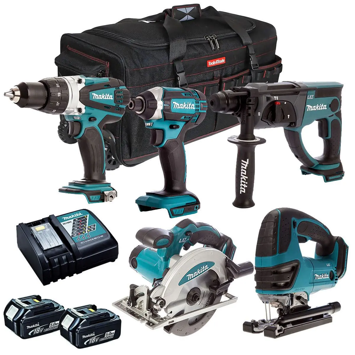 Makita 18V 5 Piece Cordless Power Tool Kit With 2 X 5.0Ah Battery Charger & Bag T4tkit-12874 1