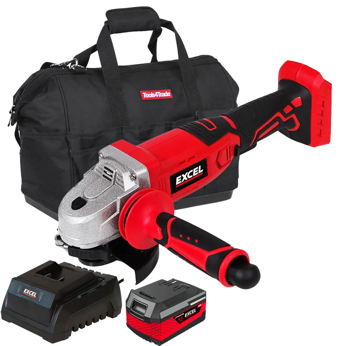Excel 18V Cordless Angle Grinder 115Mm With 1 X 4.0Ah Battery Charger & Bag 1