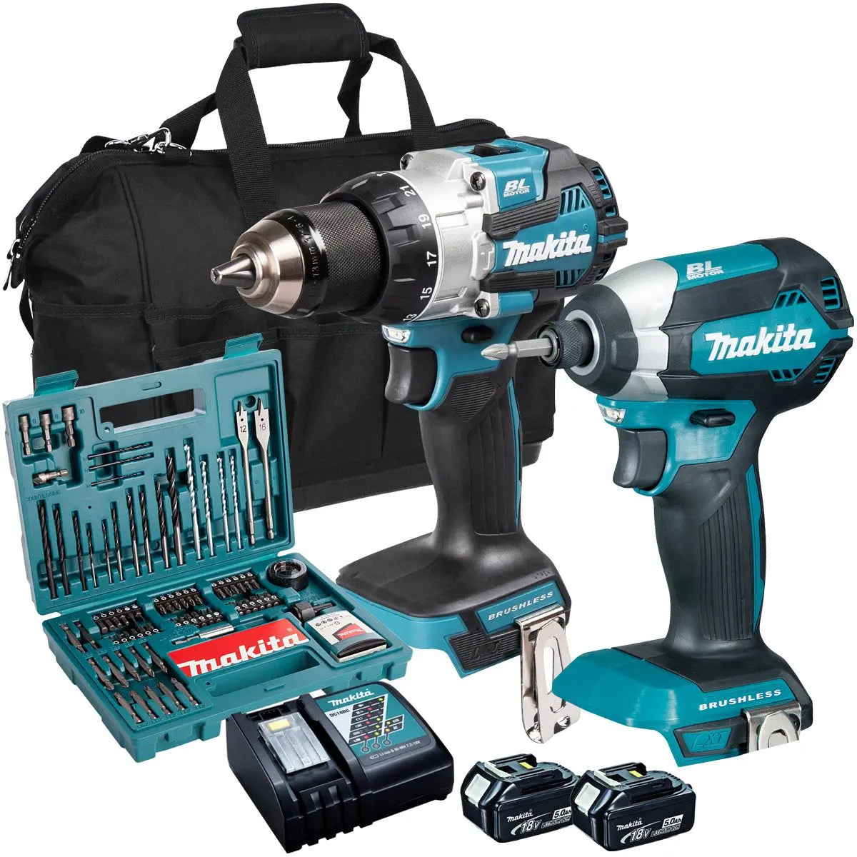 Makita 18V Brushless Impact Driver & Combi Drill With 2 X 5.0Ah Battery & 100 Accessories Set T4tkit-17181 1