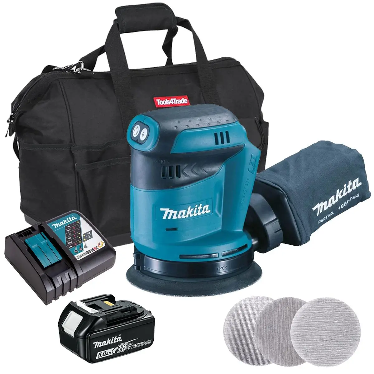 Makita Dbo180z 18V Random Orbit Sander With 1 X 5.0Ah Battery Charger & Sanding Disc Pack Of 30 1