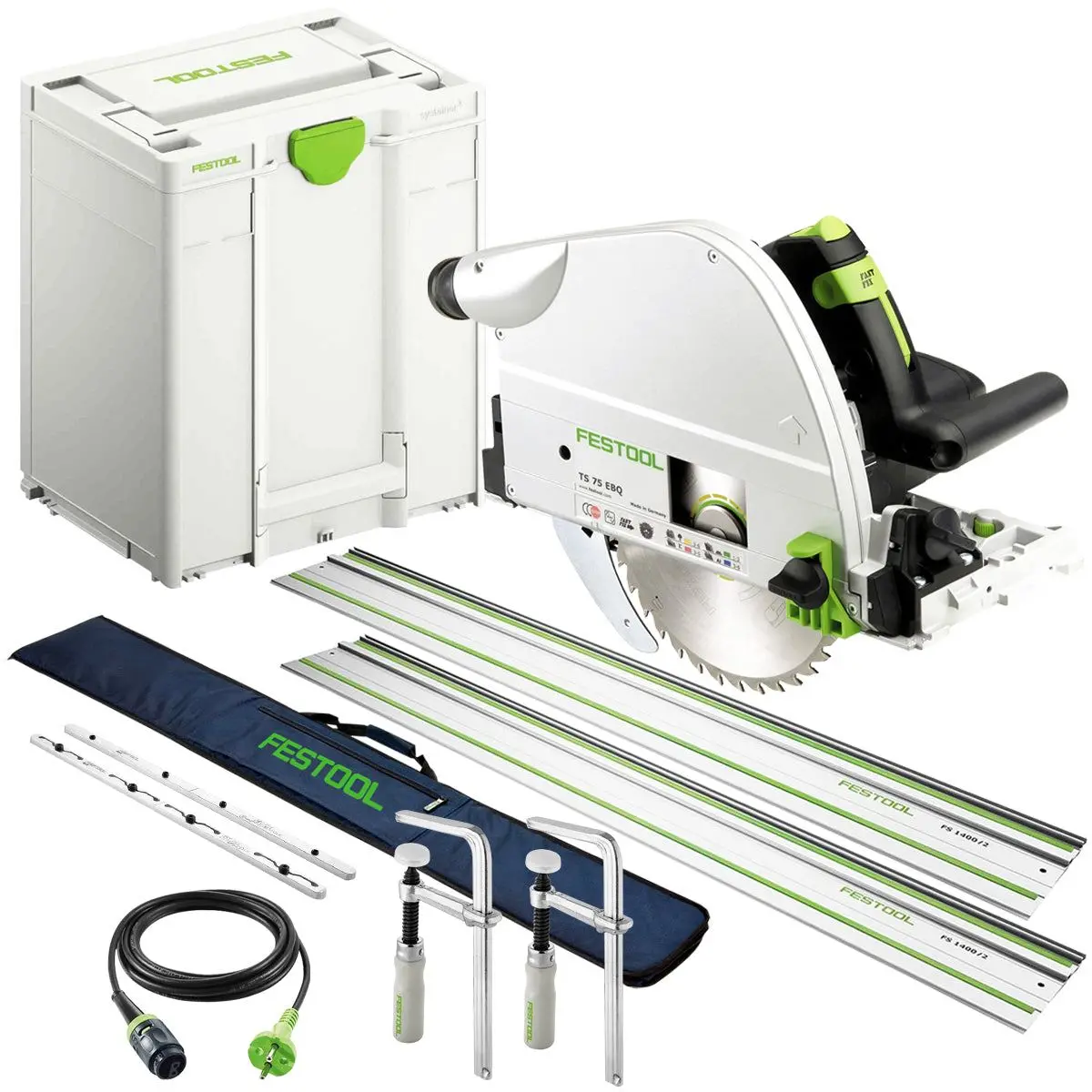 Festool Ts 75 Ebq-Plus 230V Gb Circular Plunge Cut Saw - 576114 With 2 X Guide Rail, Connector, Clamp & Bag 1