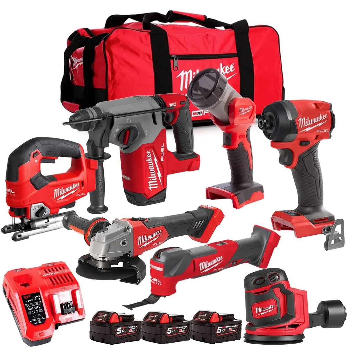 Milwaukee M18fpp6l3-503Bk7 18V Brushless 7 Piece Tool Kit With 3 X 5.0Ah Batteries Charger & Wheeled Bag 1