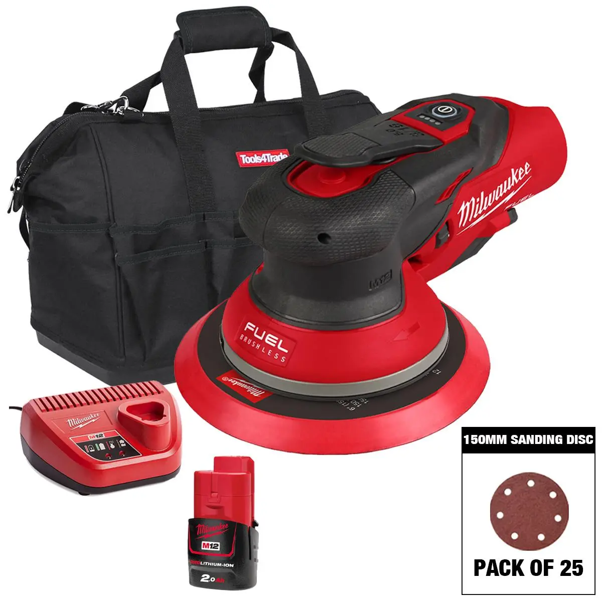 Milwaukee M12fros5-0 12V Fuel Brushless 150Mm Random Orbit Sander With Sanding Disc Mix Grit Pack Of 25 & 1 X 2.0Ah Battery, Charger & Bag 1