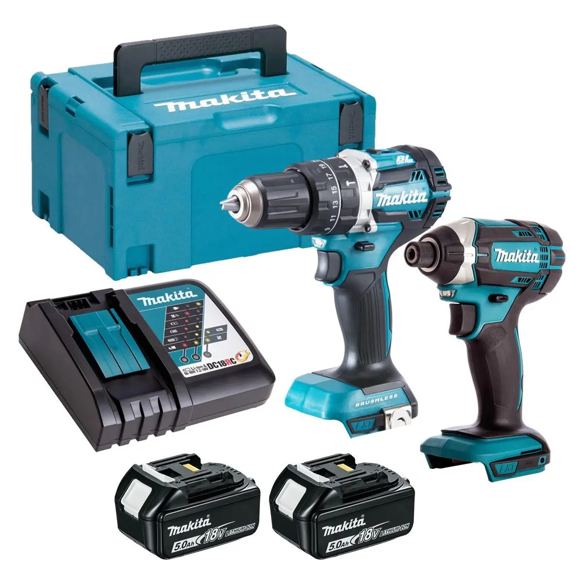 Makita 18V Combi Drill &  Impact Driver With 2 X 5.0Ah Battery & Charger T4tkit-16443 1