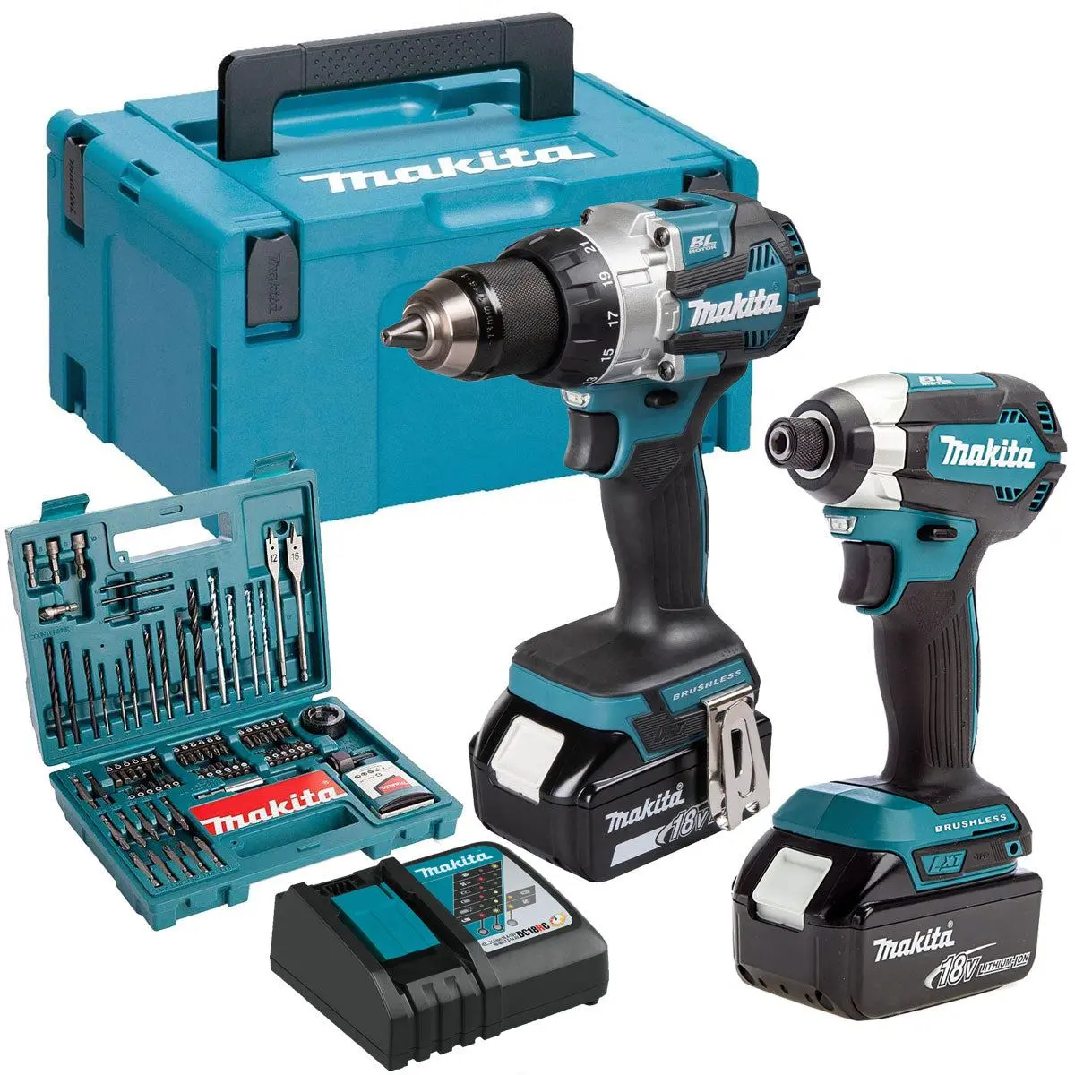 Makita Dlx2507tj 18V Combi Drill & Impact Driver With 2 X 5.0Ah Battery & 100 Accessory Set 1