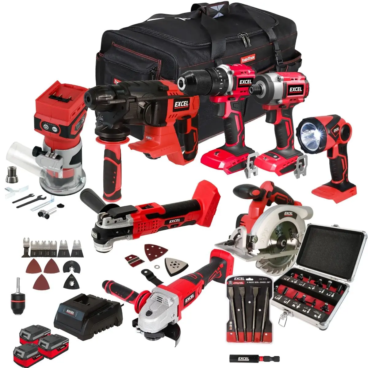 Excel 18V 8 Piece Power Tool Kit With 3 X 4.0Ah Battery Charger & Accessories Exlkit-17310 1