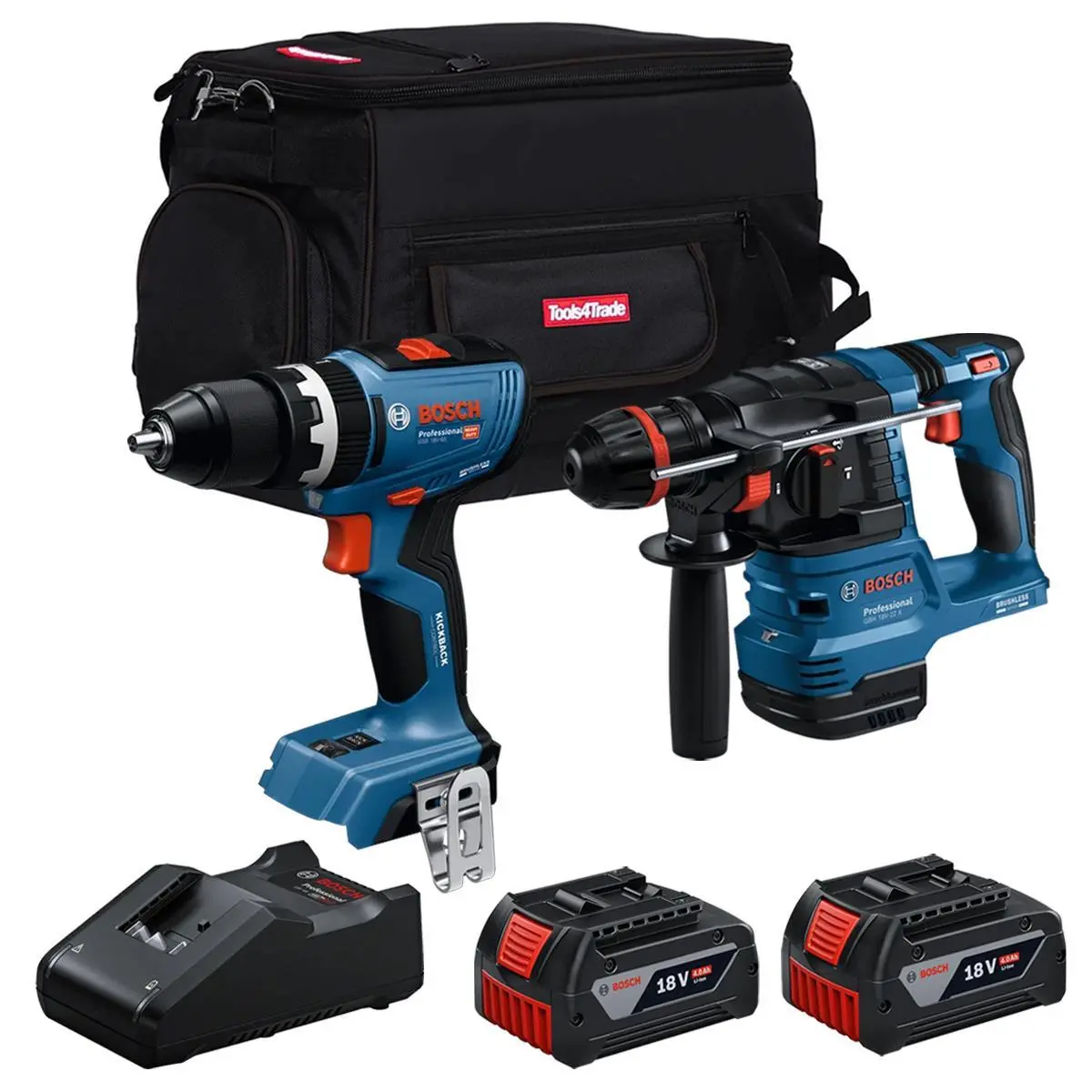 Bosch 18V Brushless Hammer Drill & Combi Drill With 2 X 4.0Ah Battery Charger & Bag T4tkit-28118 1
