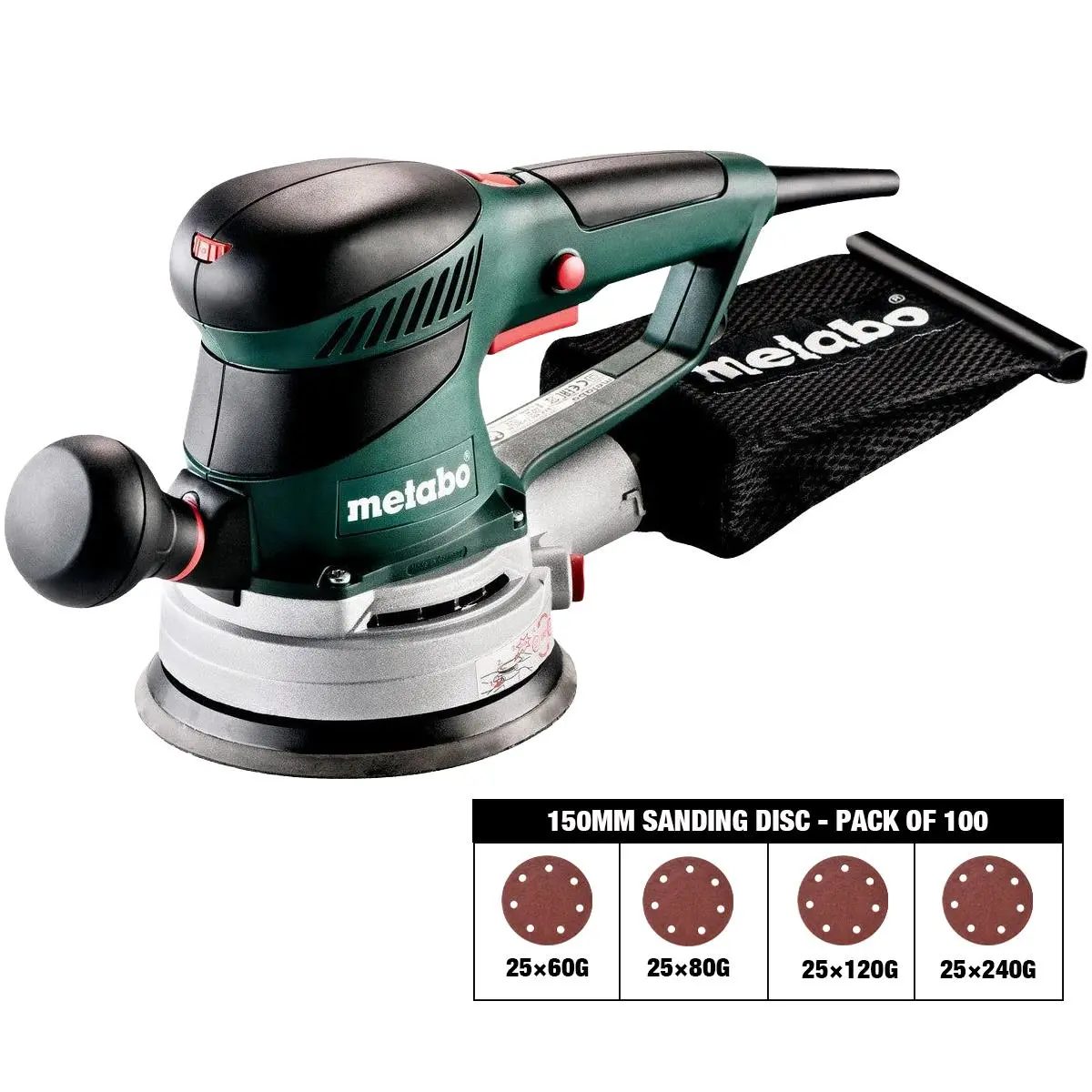 Metabo Sxe 450 Turbotec 150Mm Random Orbital Sander 240V 600129380 With Sanding Disc 60G, 80G, 120G, 240G Pack Of 100 1