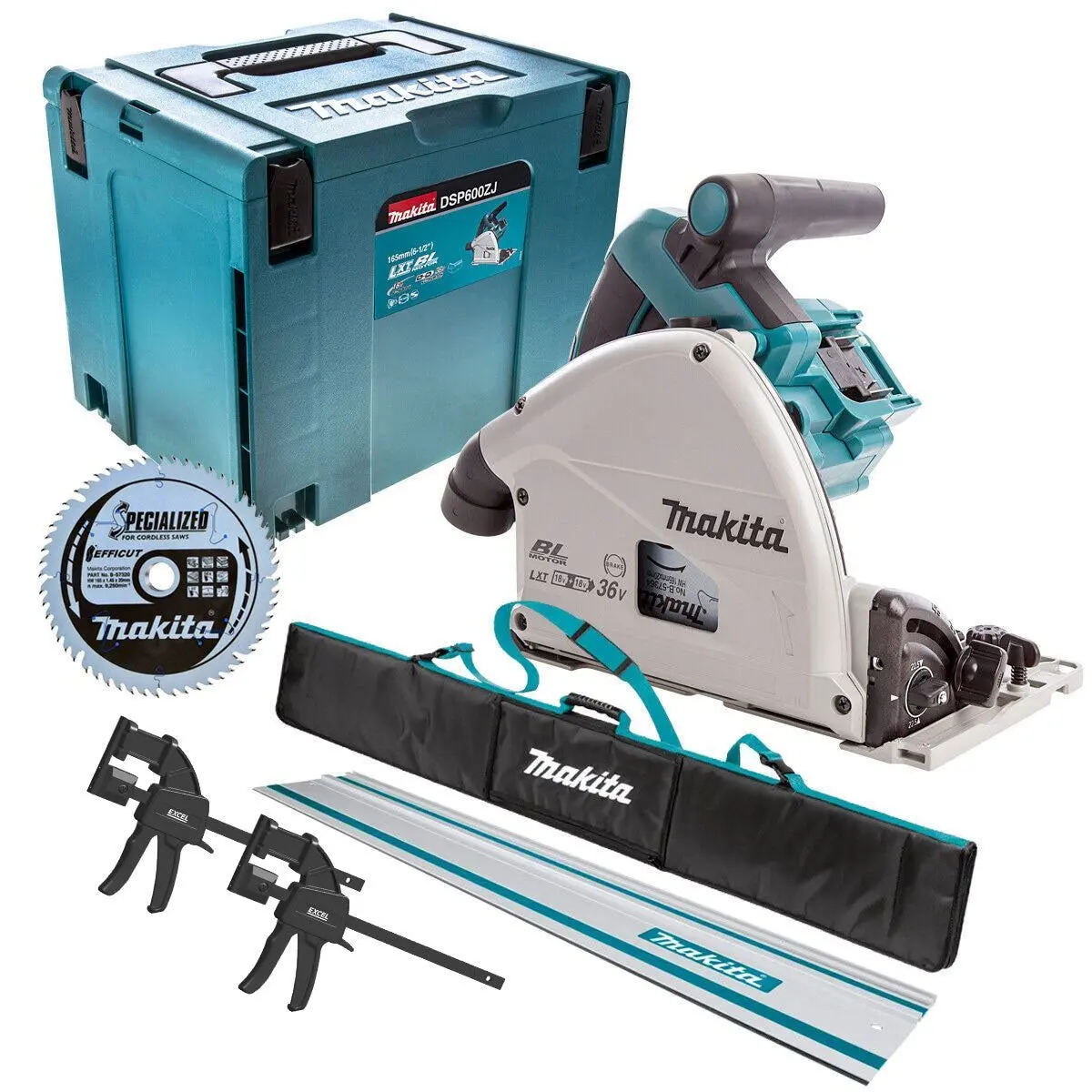 Makita Dsp600zj 36V Brushless 165Mm Plunge Saw Body Only With 1X1.5M Guide Rail+Clamp+Bag+Blade 1