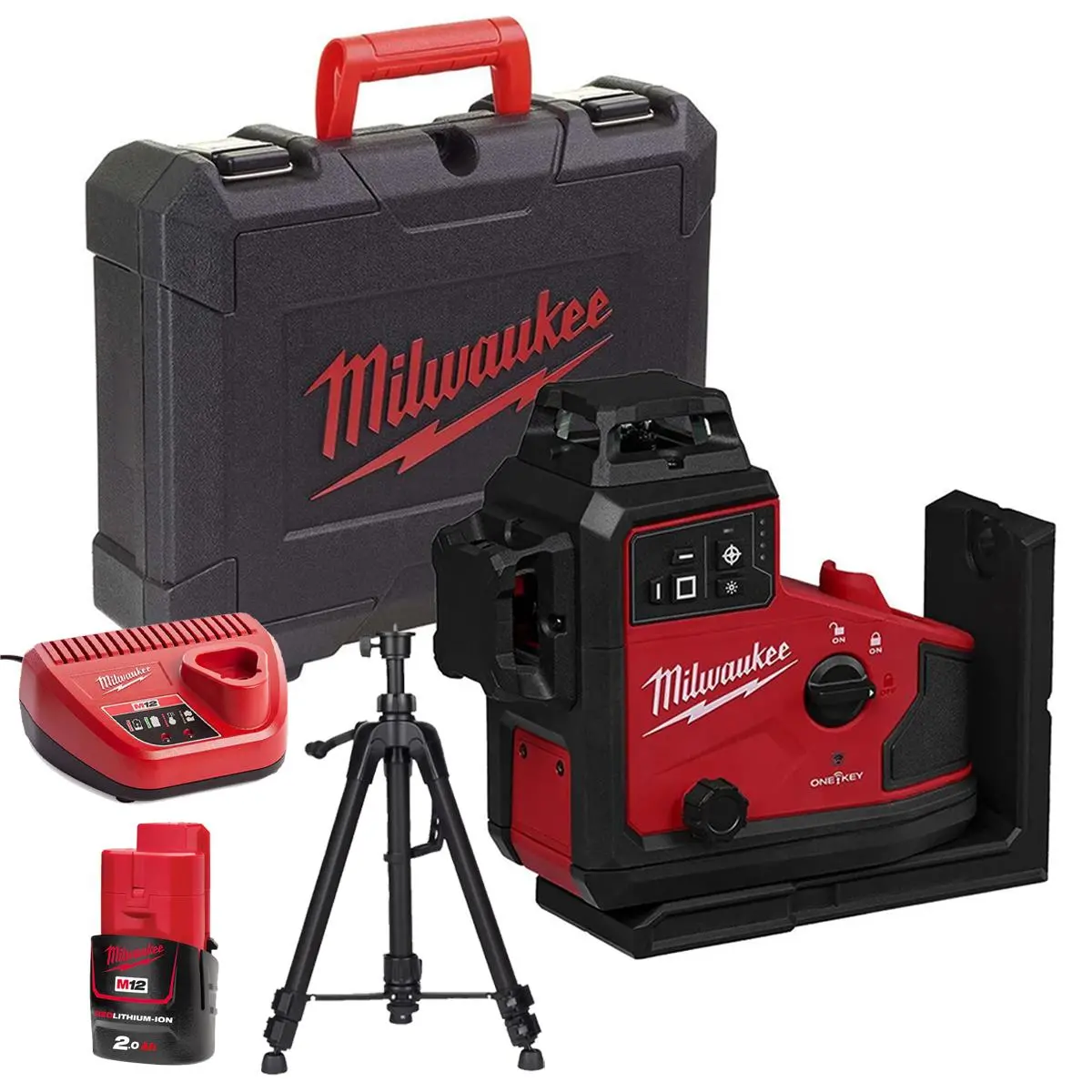 Milwaukee M12a3plo-0C 12V M12 Green Auto Alignment 360° 3 Plane Laser With 1 X 2.0Ah Battery Charger Case & Laser Tripod 1