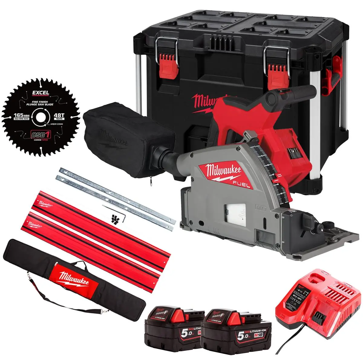 Milwaukee M18fps55-0Peb 18V 165Mm Fuel Brushless Plunge Saw With 2 X 5.0Ah Battery With Blade & Guide Rail Kit 1