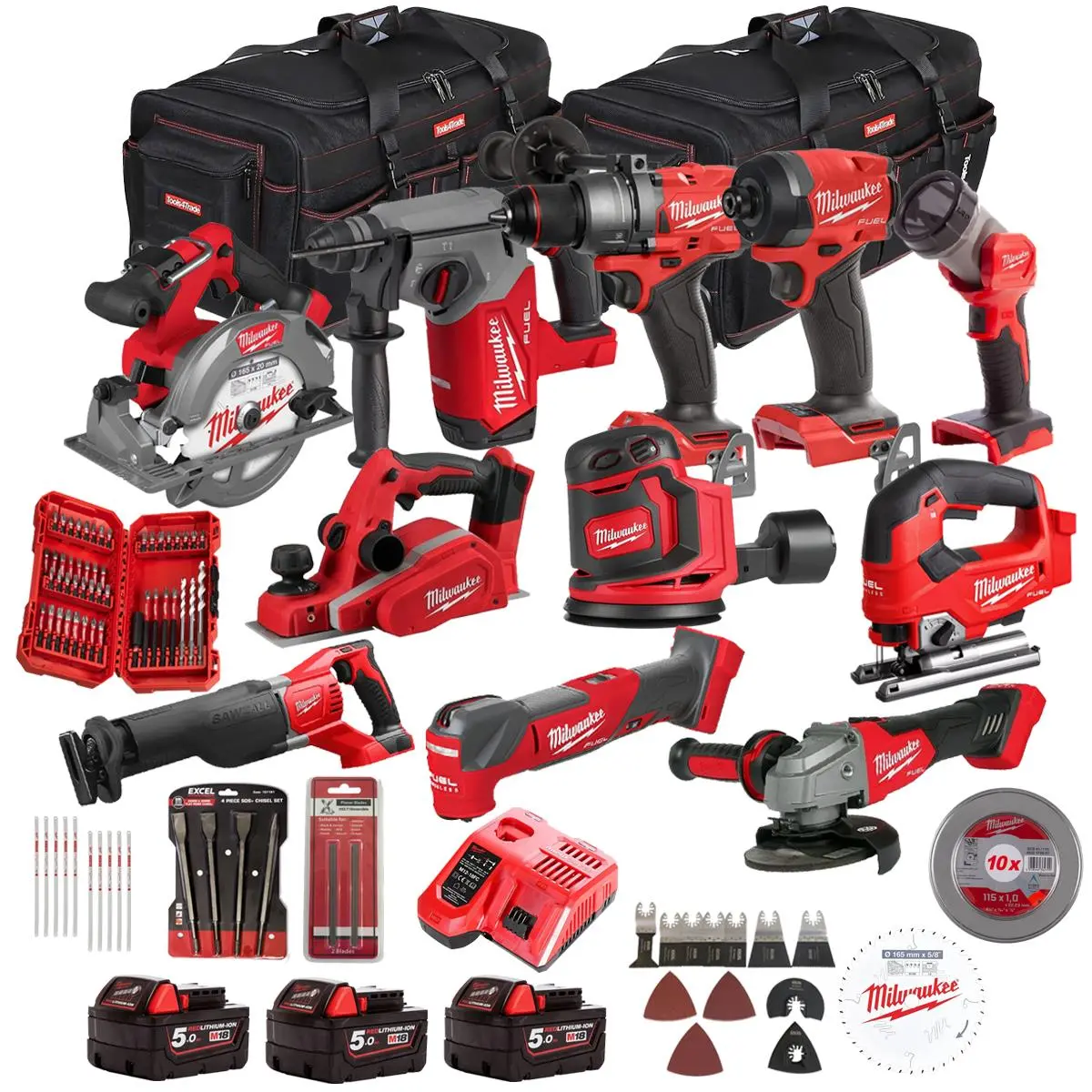 Milwaukee M18fpp11l3-503Ba 18V 11 Piece Tool Kit With 3 X 5.0Ah Batteries, Charger & Accessories Set 1