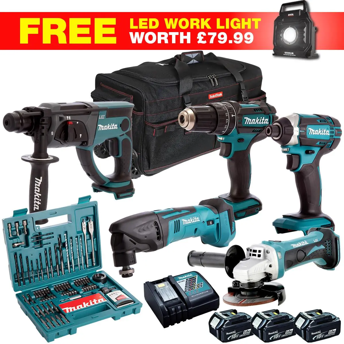 Makita 18V 6 Piece Combo Kit With 3 X 5.0Ah Batteries Charger & 100 Accessory Set T4tkit-27805 1