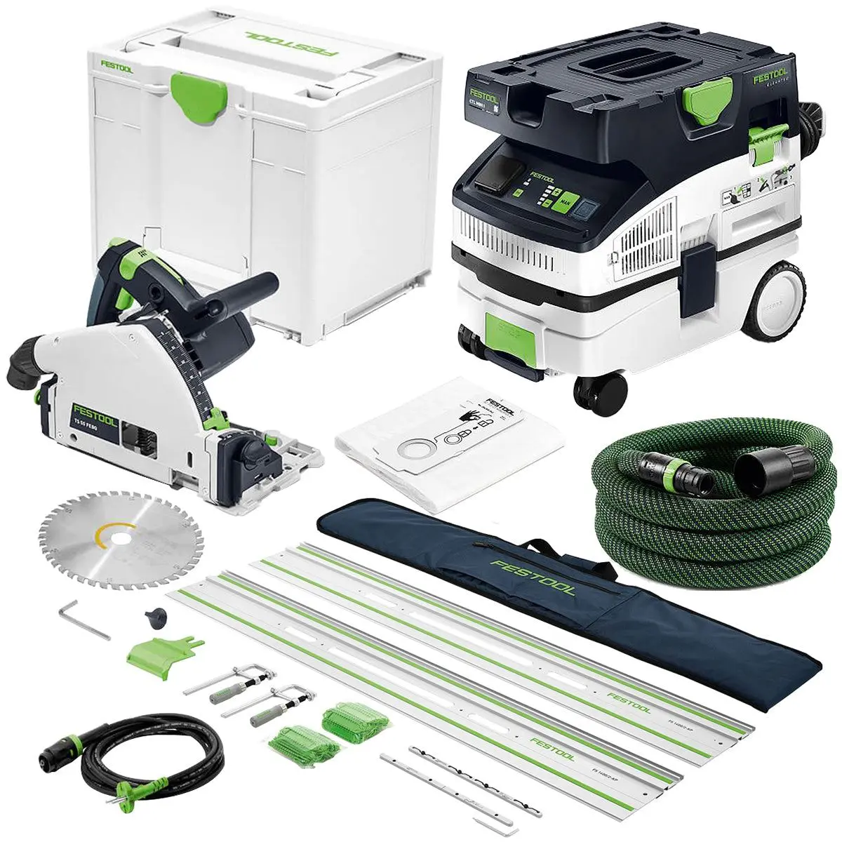 Festool Ts 55 Febq-Plus 230V Gb 160Mm Plunge-Cut Saw - 576706 With Guide Rail Kit Set 577932 & Dust Extractor 578315 1