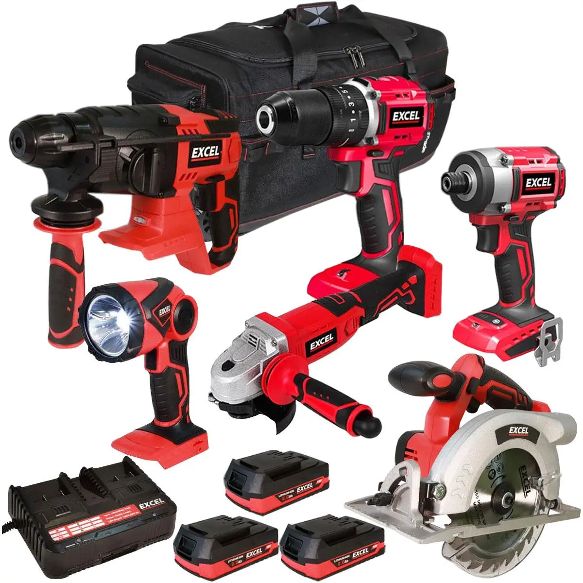 Excel 18V Cordless 6 Piece Tool Kit With 3 X 2.0Ah Batteries & Charger In Bag 1
