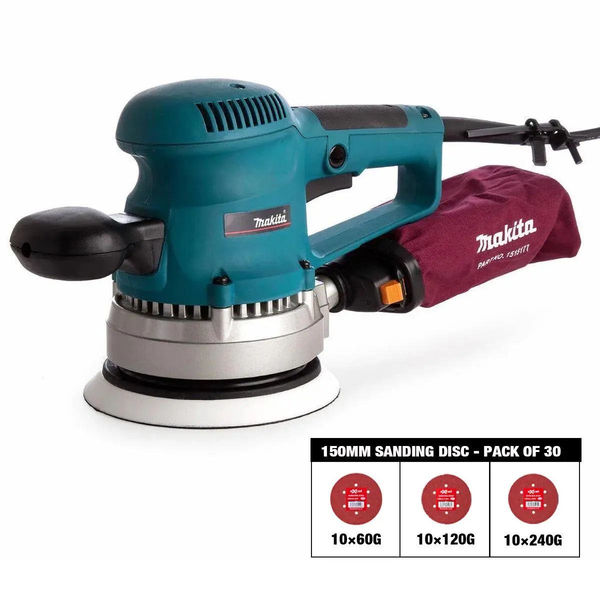 Makita Bo6030/1 150Mm Corded Random Orbit Sander 110V With Sanding Disc 60G, 120G, 240G Pack Of 30 1