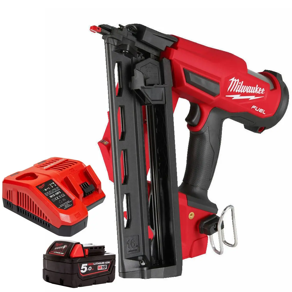 Milwaukee M18fn16ga-0 18V Brushless 16G Angled Finish Nailer With 1 X 5.0Ah Battery & Charger 1
