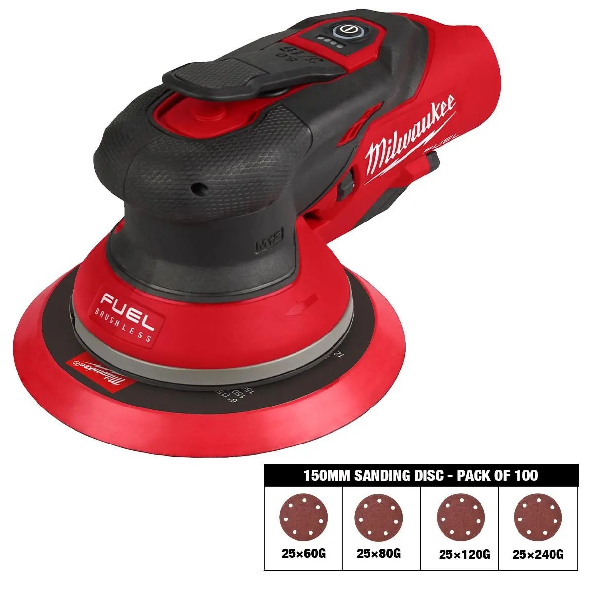 Milwaukee M12fros5-0 12V Fuel Brushless 150Mm Random Orbit Sander With Sanding Disc 60G, 80G, 120G, 240G Pack Of 100 1
