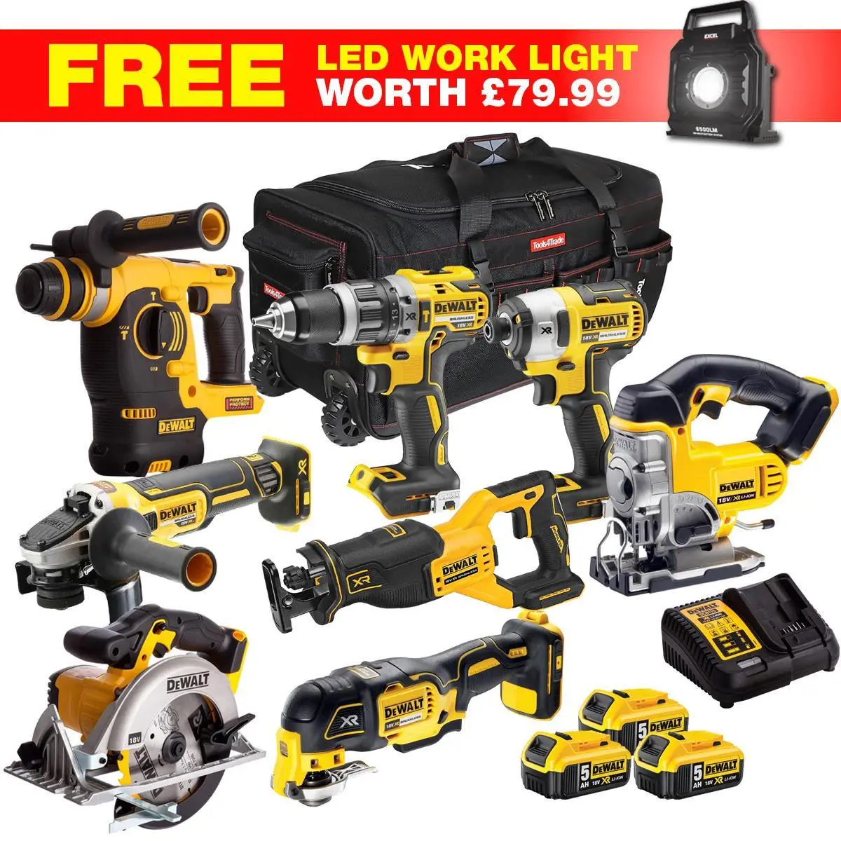 Dewalt Dckt4t9wlf 18V Xr 9 Piece Power Tool Kit With 3 X 5.0Ah Batteries Charger & Bag 1