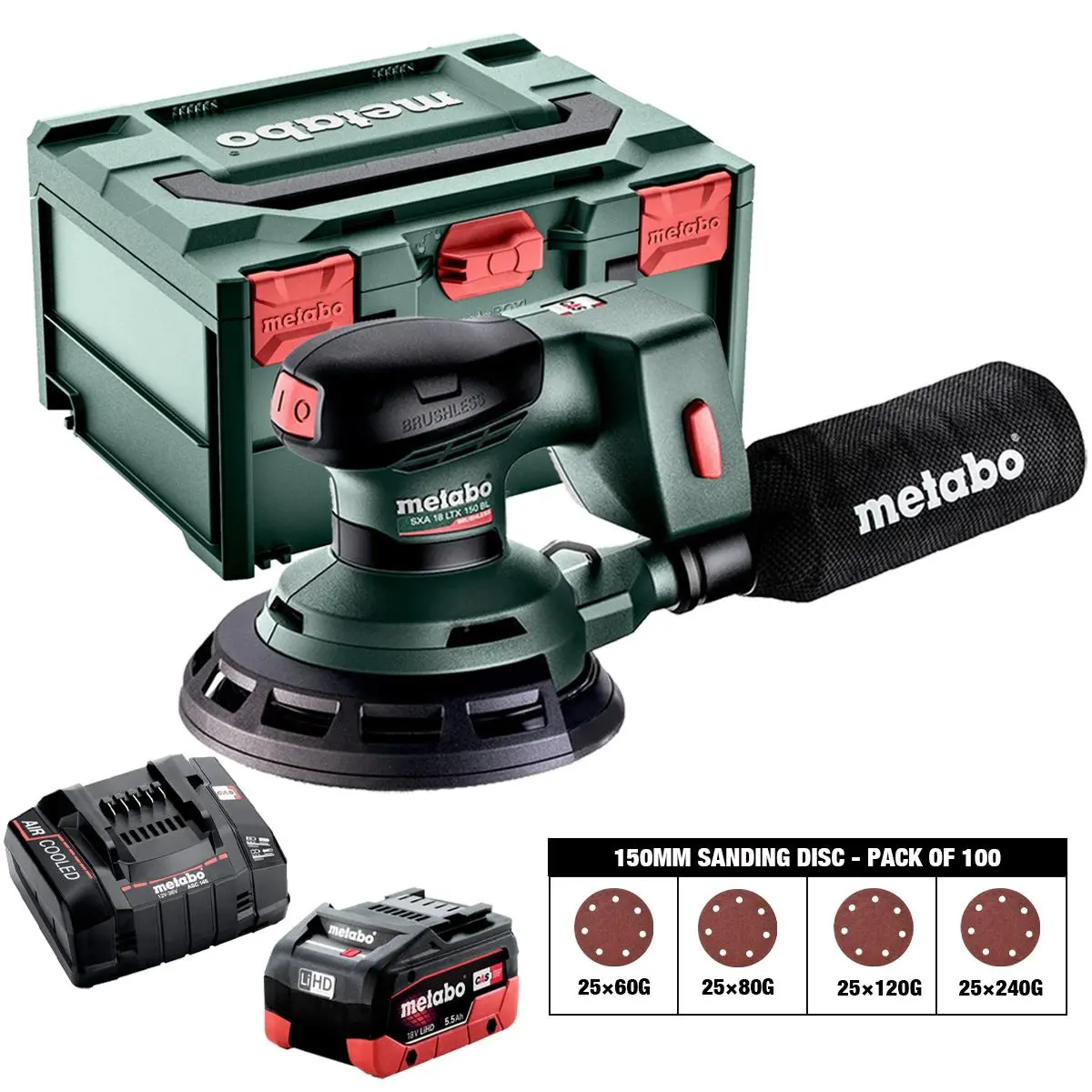 Metabo Sxa 18 Ltx 150 Bl 18V Brushless 150Mm Random Orbital Sander With Sanding Disc 60G, 80G, 120G, 240G Pack Of 100 & 1 X 5.5Ah Battery, Charger & Case 1