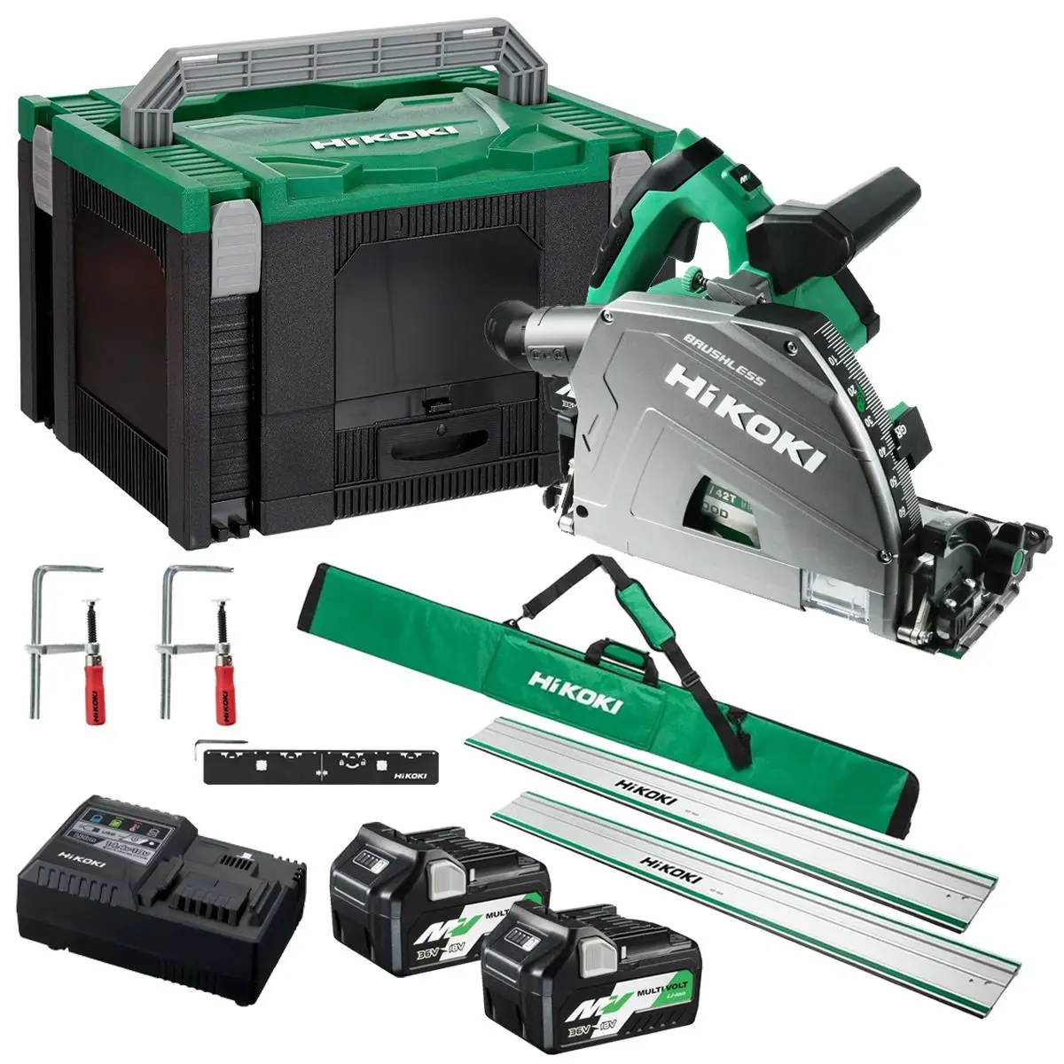 Hikoki C3606dpajvz 36V Multivolt Brushless 165Mm Plunge Saw With 2 X 4.0/8.0Ah Batteries With Guide Rail Kit 1