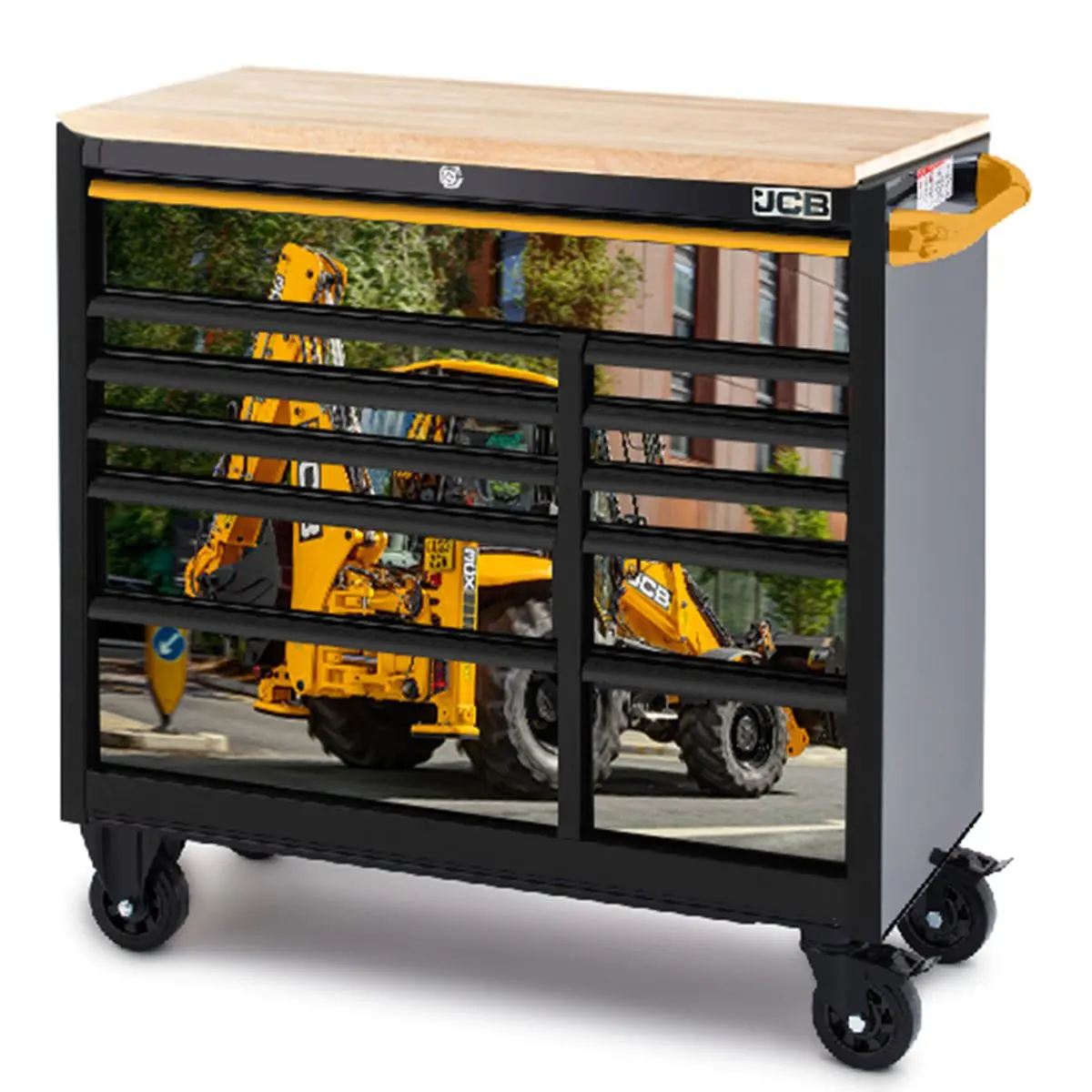 Jcb 42’’ Roller Tool Cabinet, 11 Drawers, Steel With Hardwood Worktop And Backhoe Loader Wrap Jcbbhlrcbb 1