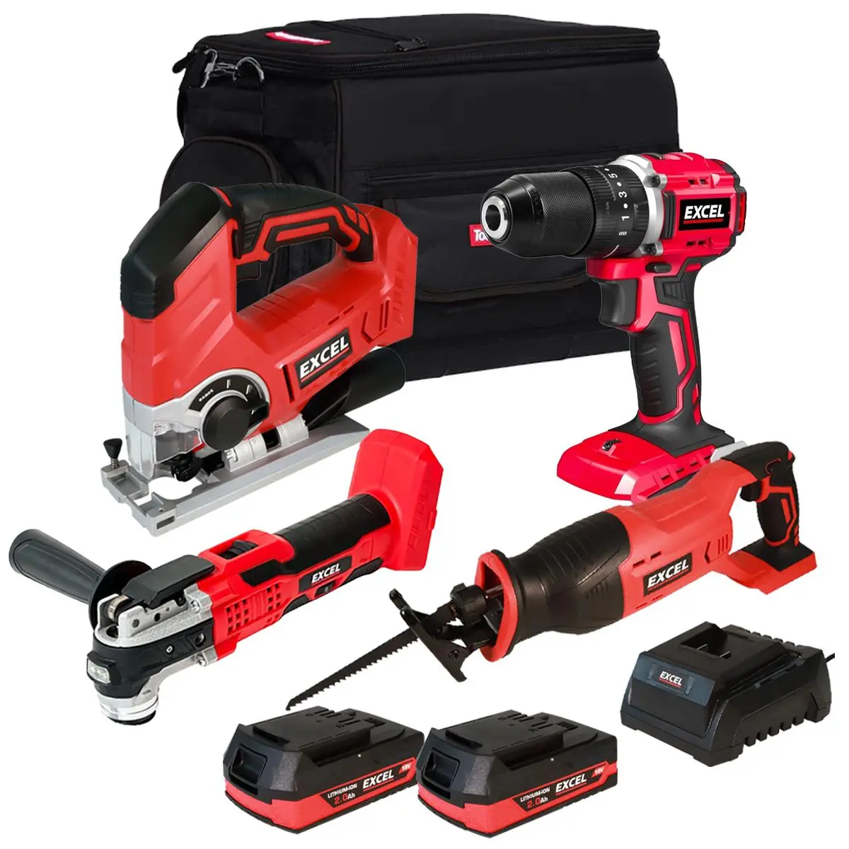 Excel 18V Cordless 4 Piece Tool Kit With 2 X 2.0Ah Batteries & Charger In Bag Exlkit-29330 1