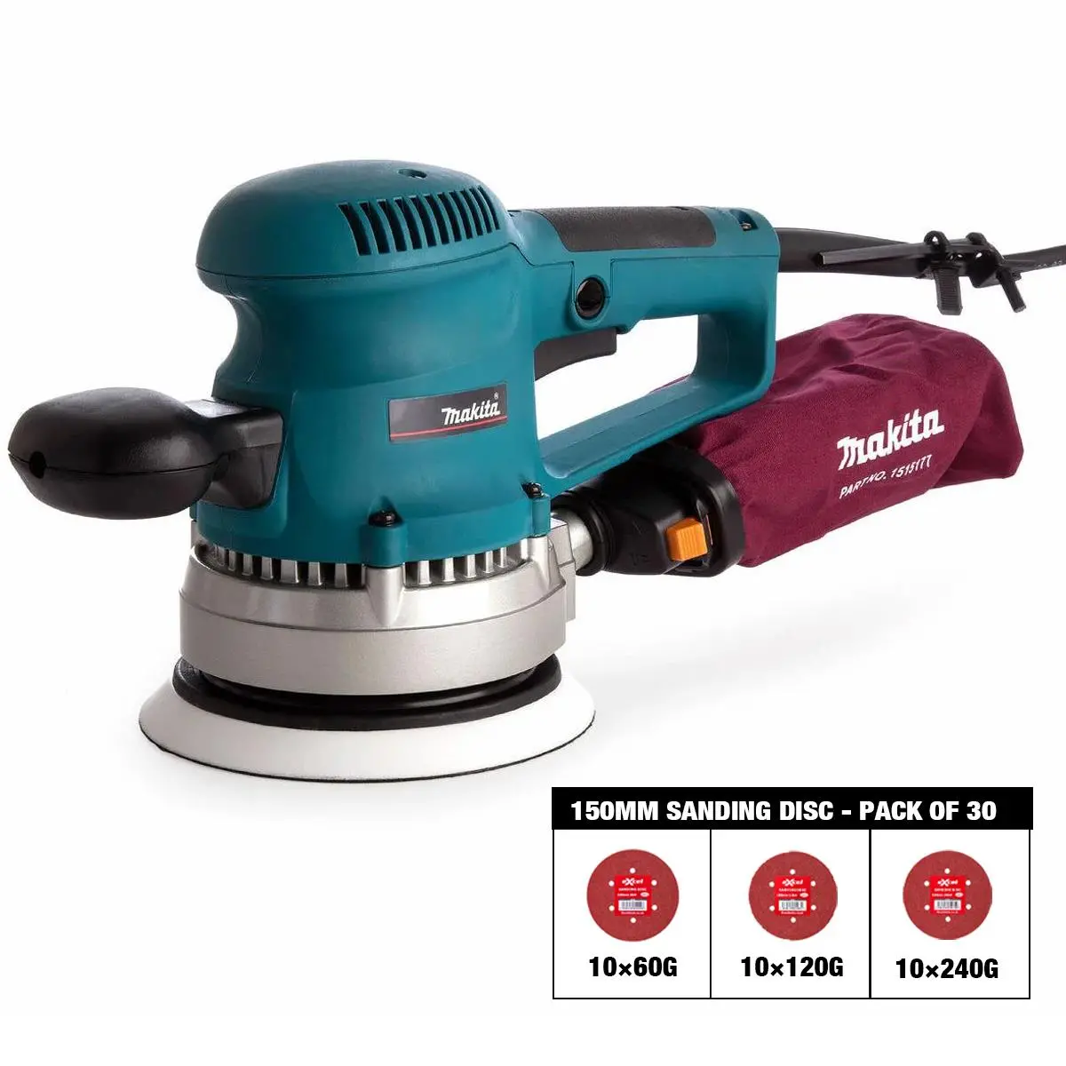 Makita Bo6030/2 150Mm Corded Random Orbit Sander & Dust Bag 240V With Sanding Disc 60G, 120G, 240G Pack Of 30 1