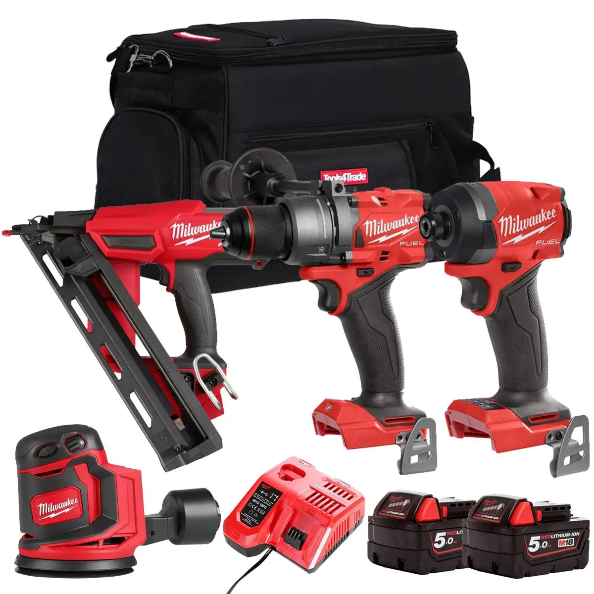 Milwaukee M18fpp19z-502B 18V 4 Piece Power Tool Kit With 2 X 5.0Ah Batteries Charger & Bag 1