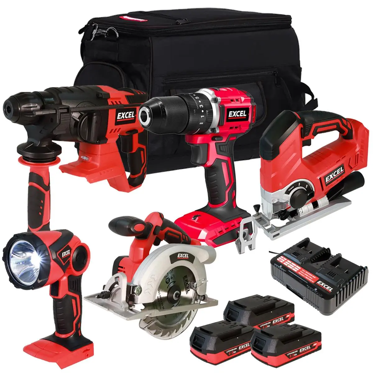 Excel 18V Cordless 5 Piece Tool Kit With 3 X 2.0Ah Batteries & Charger 1