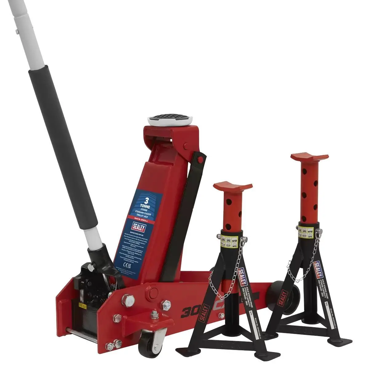 Sealey 3010Cx Trolley Jack 3 Tonne Standard Chassis Axle Stand Set Car Garage 1