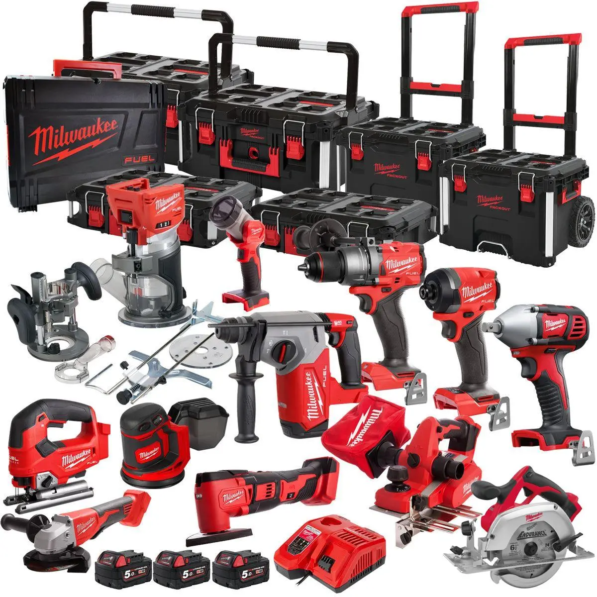 Milwaukee 18V 12 Piece Power Tool Kit With 3 X 5.0Ah Battery Charger & Trolley Toolbox 1