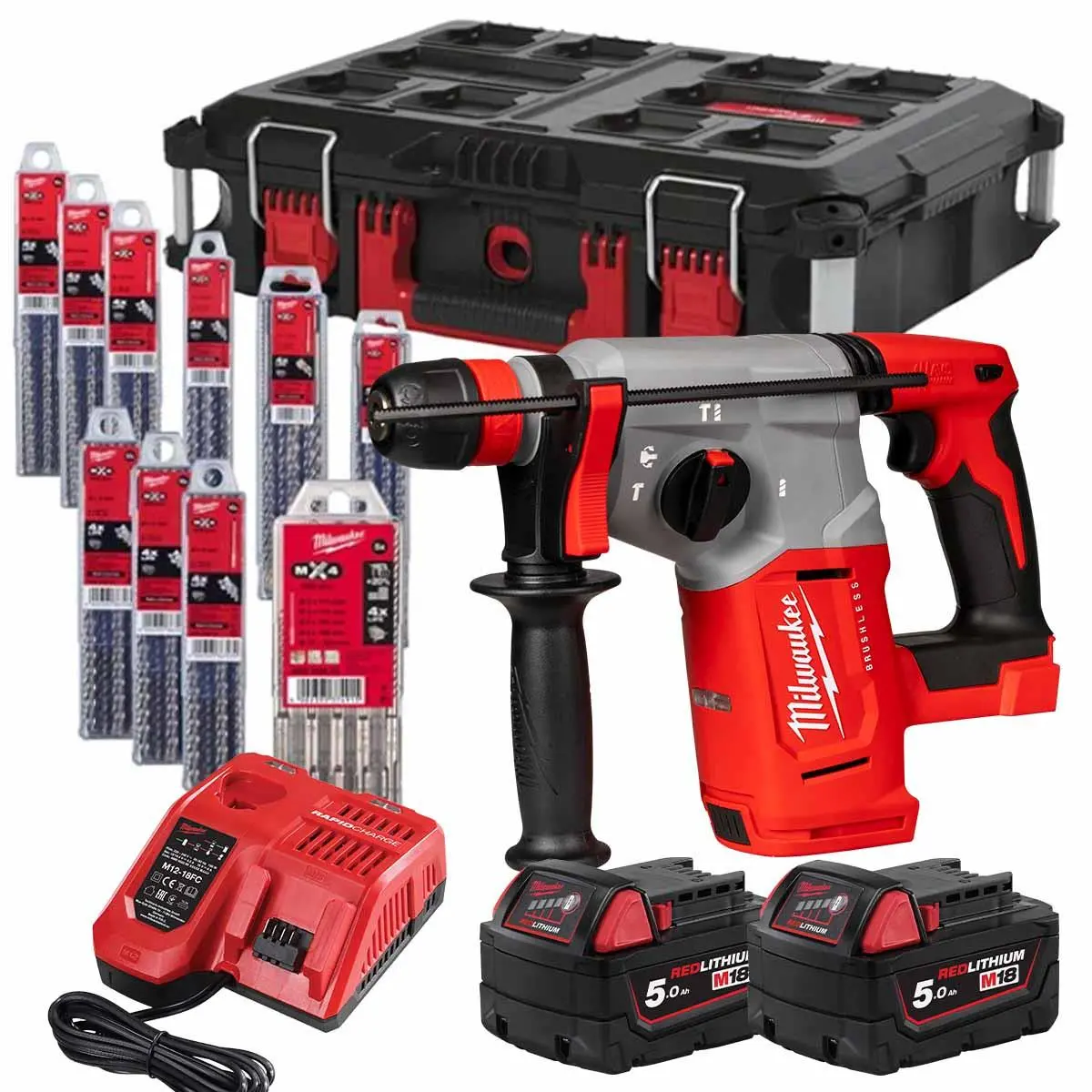 Milwaukee M18blhx100p-502P 18V M18 Brushless 4 Mode Sds-Plus Hammer Drill With 2 X 5.0Ah Battery, Charger, Drill Bits & Case 4933499039 1