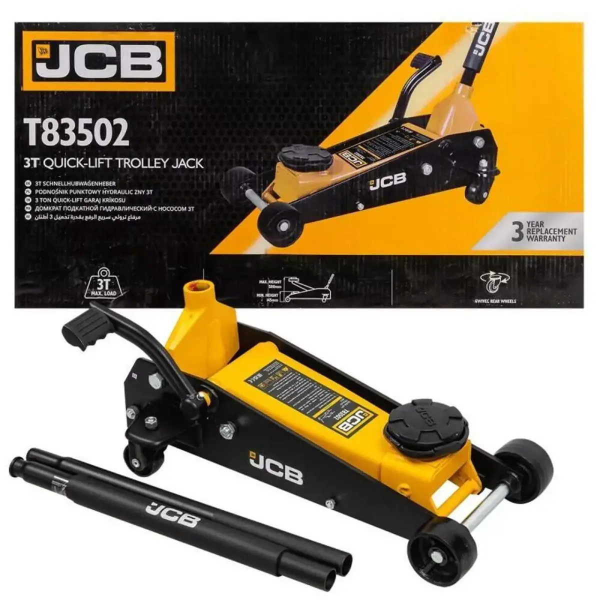 Jcb-T83502 3 Tonne Hydraulic Trolley Jack, Quick Lift Pedal 500Mm Max Height And Rubber Pad 2