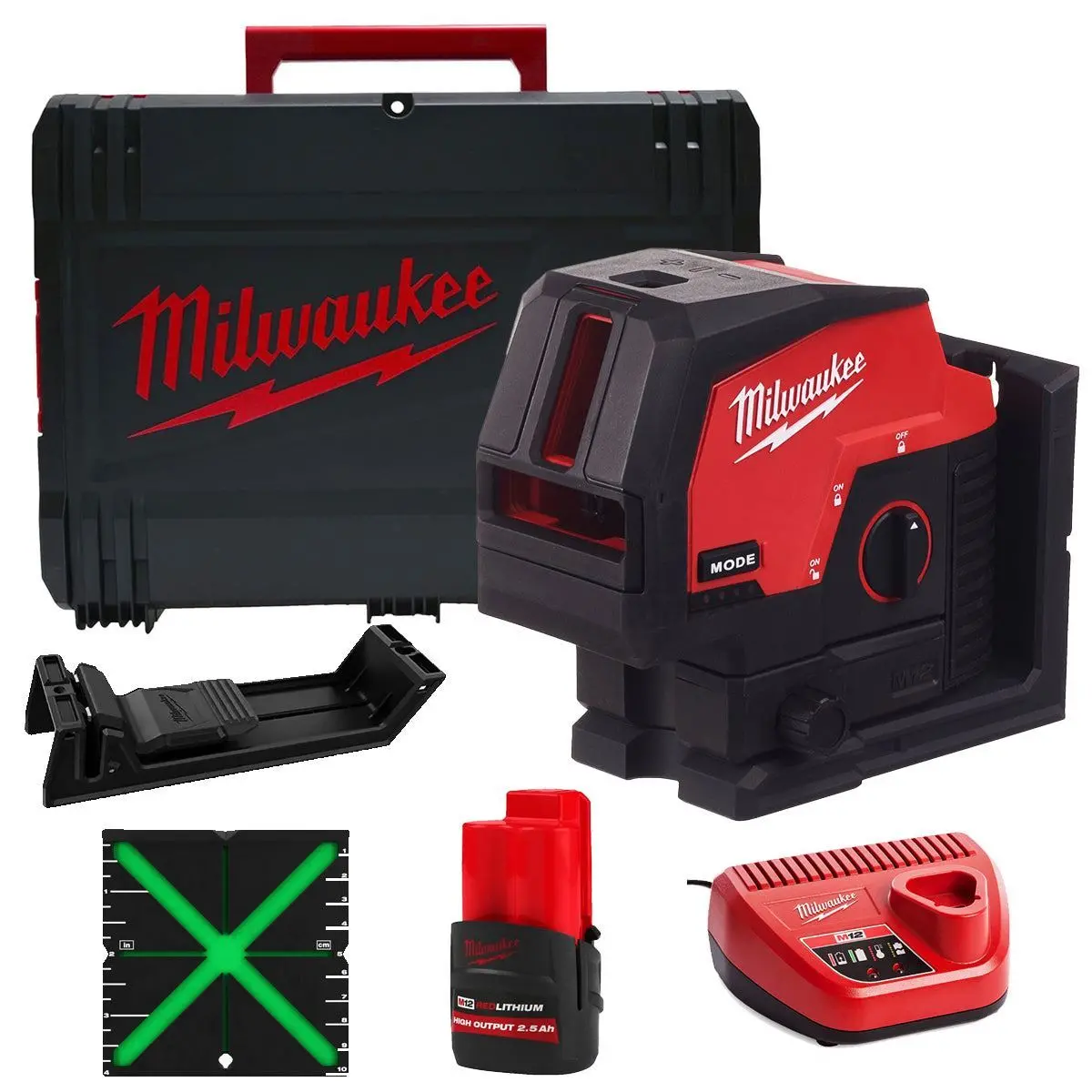 Milwaukee M12cllp-0 12V Green Cross Line 2 Plane Laser 360° With 1 X 2.5Ah Battery Charger & Case 1