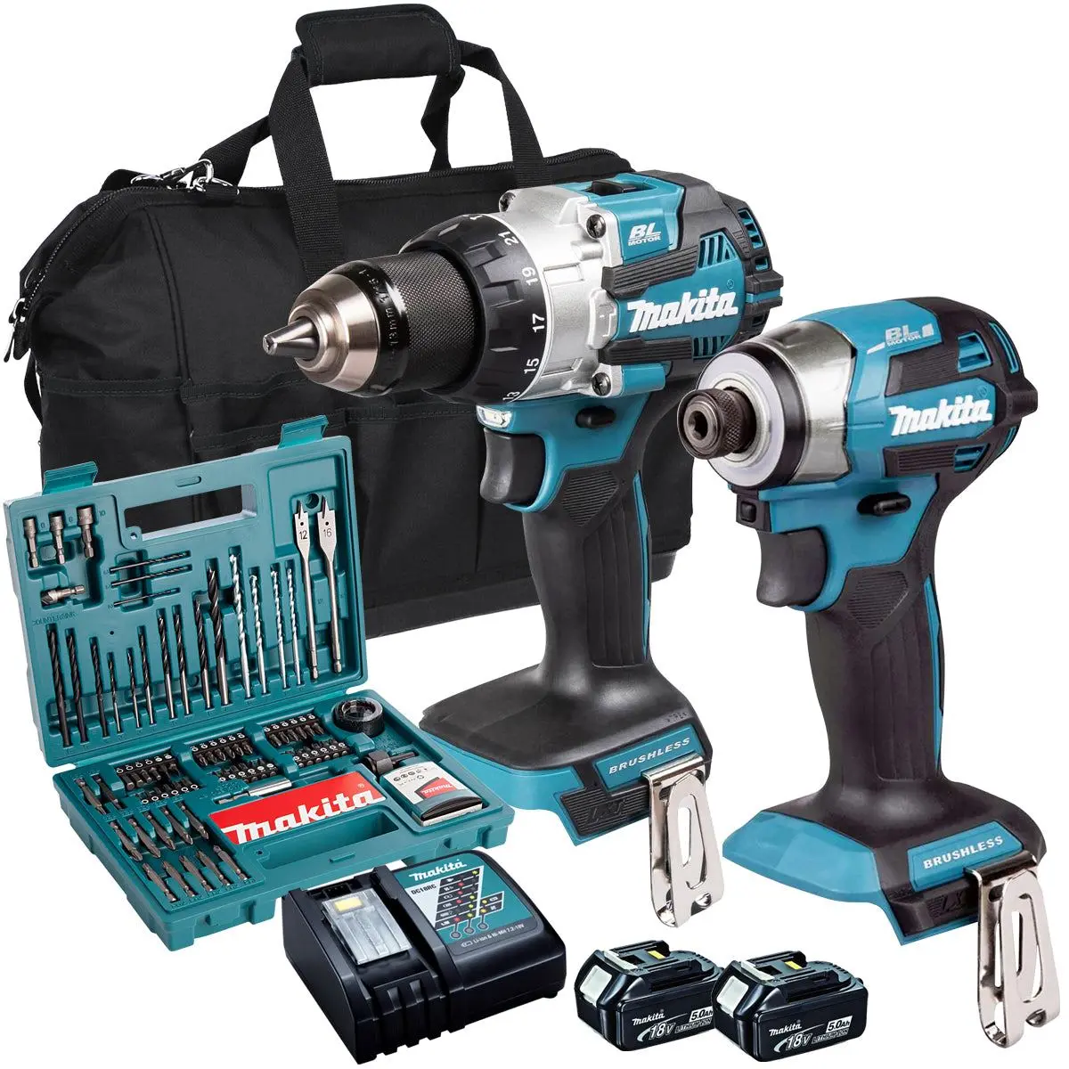 Makita 18V Brushless Impact Driver & Combi Drill With 2 X 5.0Ah Battery & 100 Accessories Set T4tkit-17183 1