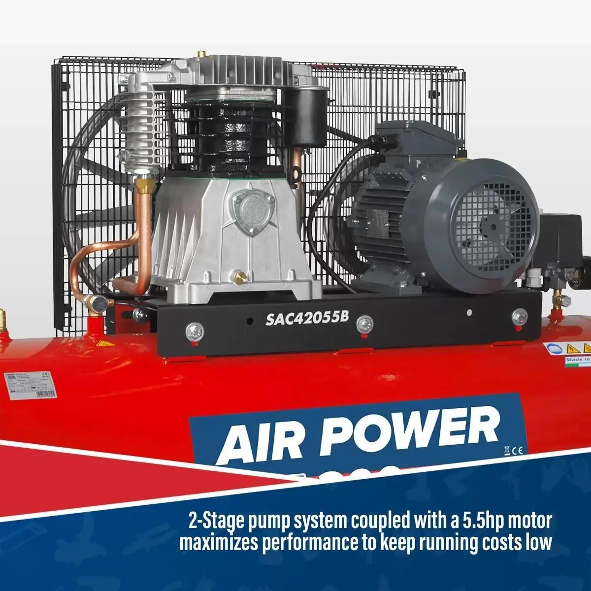 Sealey Sac42055b 200L Belt Drive Air Compressor With Cast Cylinders 415V/32A 2